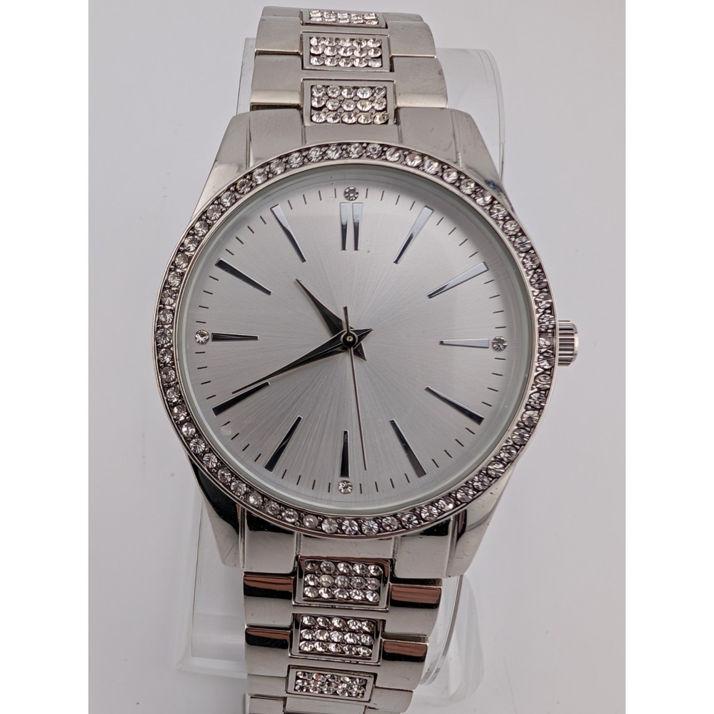 Folio Watch Women Silver Tone Crystal Bezel 34mm Case 7.25" Band- New Battery